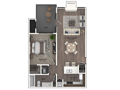 Floor plan for 1 bed, 1 bath, 745 sqft